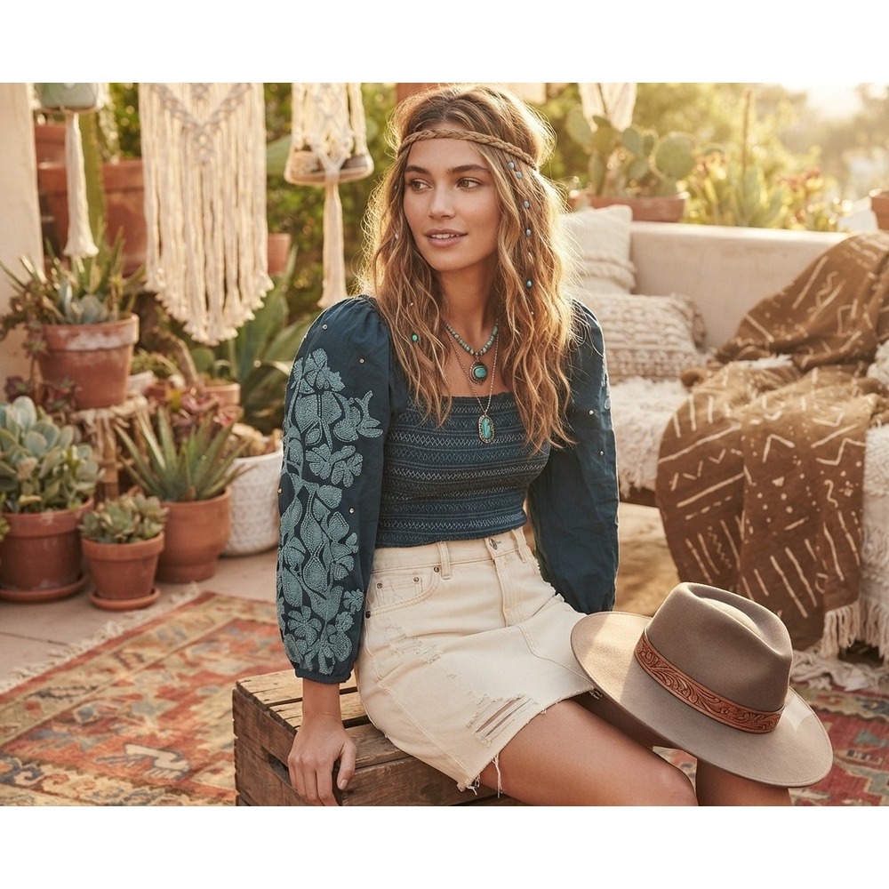 Anthropologie Smocked Embroidered Puff Sleeve‎ Blouse Teal Blue Boho Top Small